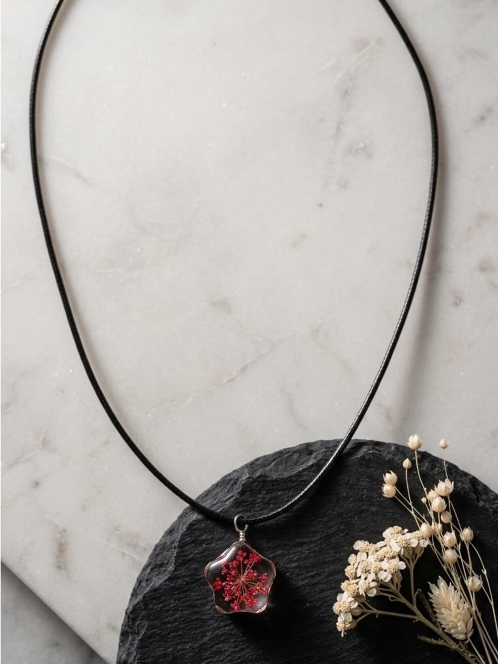 Handmade Red Floral Pendant Necklace on Black Cord